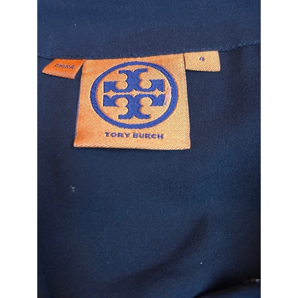 Tory Burch Silk Bow Blouse Womens 4 Navy Blue Excellent Pleated Cap Sleeve Top‎
